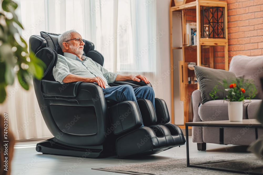 Senior man relaxing therapy on the massage chair in living room. Modern electric massage chair.