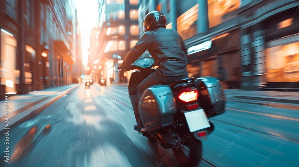 Courier, delivery man on the motorcycles in the street, Fast transport express home delivery online order, food delivery, Blurred imageCourier, delivery man on the motorcycles in the street, Fast tran