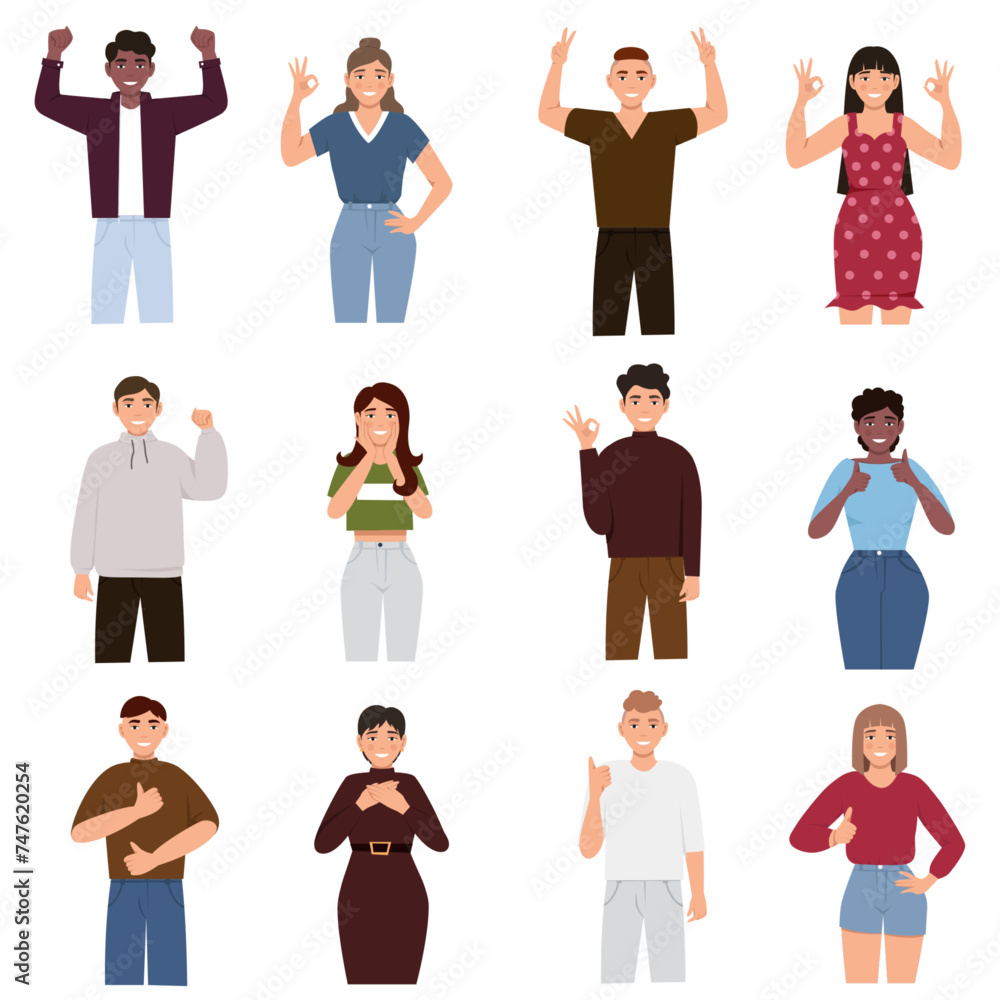 Happiness Emotions, Body Language. Ok sign, clenched fist, thumbs up, victory fingers and hand heart. People with positive gestures Happiness Emotions, Body Language. Ok sign, clenched fist, thumbs up, victory fingers and hand heart. People with positive gestures