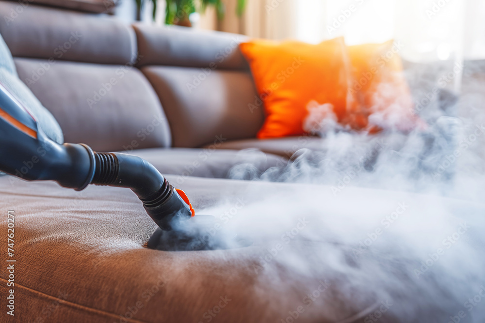 Sofa Steam Cleaner Service, close up. Cleaning service cleans sofa in apartments. - obrazy, fototapety, plakaty 