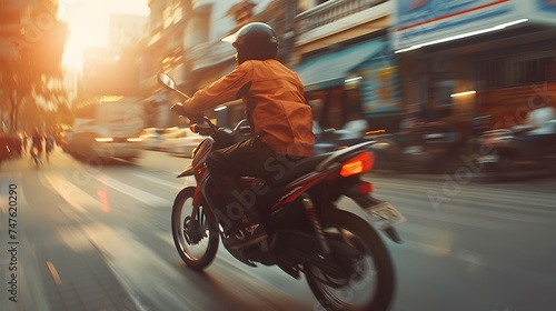 Courier  delivery man on the motorcycles in the street  Fast transport express home delivery online order  food delivery  Blurred imageCourier  delivery man on the motorcycles in the street  Fast tran