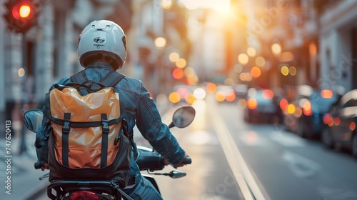 Courier, delivery man on the motorcycles in the street, Fast transport express home delivery online order, food delivery, Blurred imageCourier, delivery man on the motorcycles in the street, Fast tran