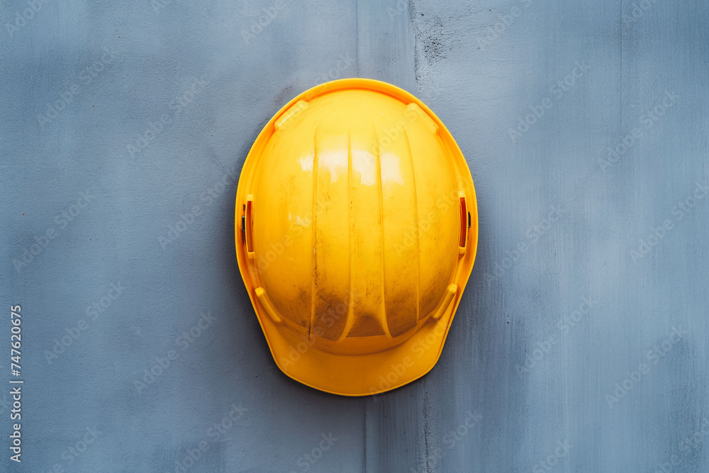 Yellow hard hat on grey background. The helmet ensures safety on various construction sites. Yellow hard hat on grey background. The helmet ensures safety on various construction sites.