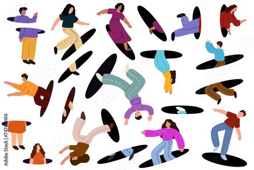 People jumping through portals, teleporting. People coming holes. Characters flying, entrance and exit. Search, explore concept. Flat graphic vector illustration EPS10