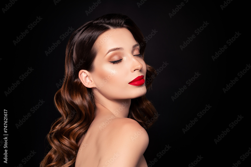 Fototapeta premium Photo of clasyy chic lady apply skincare bodycare spa salon hygiene before celebration events