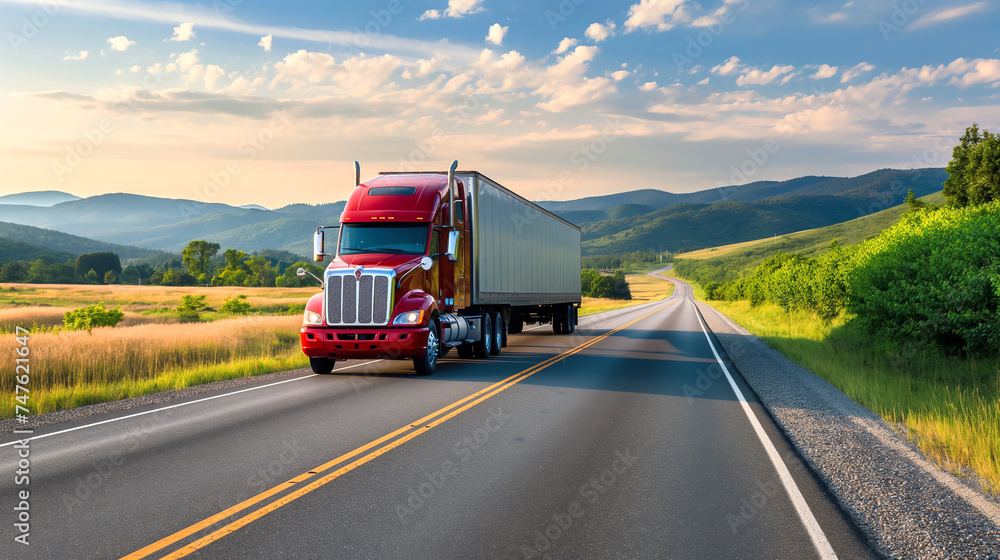 Red truck on highway with mountains in background representing transportation, logistics, travel, and industry. Red truck on highway with mountains in background representing transportation, logistics, travel, and industry.