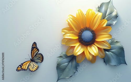 Composition. Butterfly with sunflower plant leaves on white background. Flat lay, top view. greeting card. presentation. advertisement. copy text space.