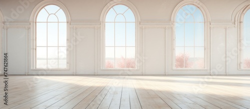 A bright empty room with arched windows and a wooden floor. The room is devoid of any furniture or decorations, creating a minimalist atmosphere. photo