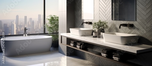 A sleek and modern bathroom featuring two sinks with mirrors, a bathtub, and a tiled herringbone wall. The minimalist design is complemented by a city view of skyscrapers in the reflection.