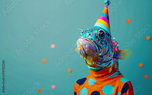 Fish in party theme portrait on solid pastel background. Birthday. presentation. advertisement. invitation. copy text space. 