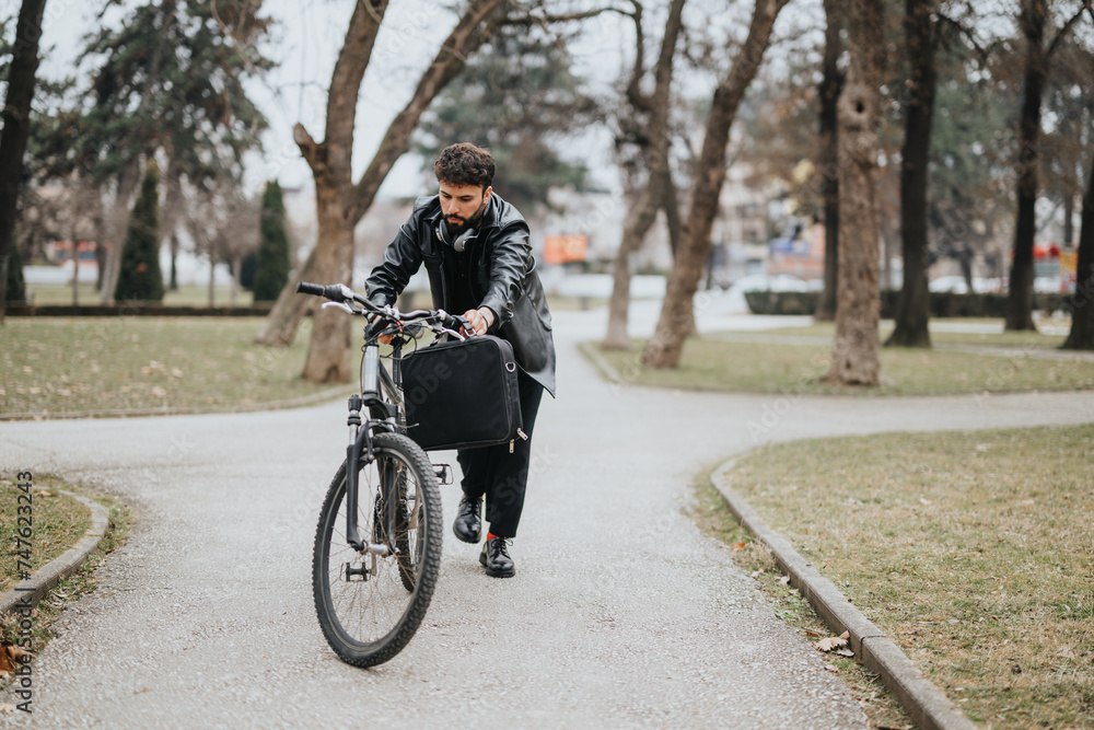 A contemporary business entrepreneur preparing for a ride on his bicycle in an urban park, reviewing items in his messenger bag.