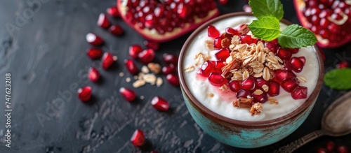 A cup of yogurt topped with crunchy granola and juicy pomegranate seeds, drizzled with flavorful pomegranate jam.