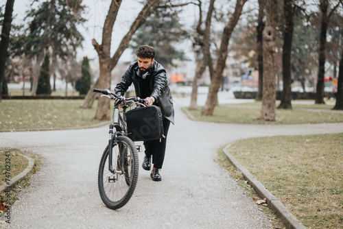 A contemporary business entrepreneur preparing for a ride on his bicycle in an urban park, reviewing items in his messenger bag. © qunica.com
