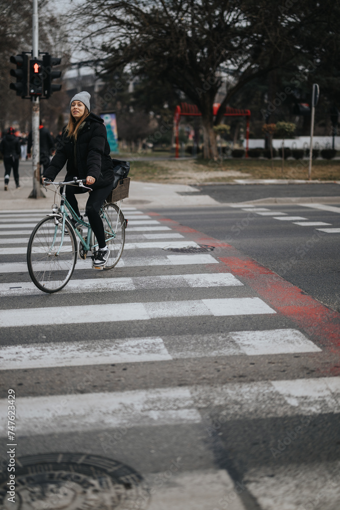 Urban commuter: Young woman riding bicycle across pedestrian crossing.