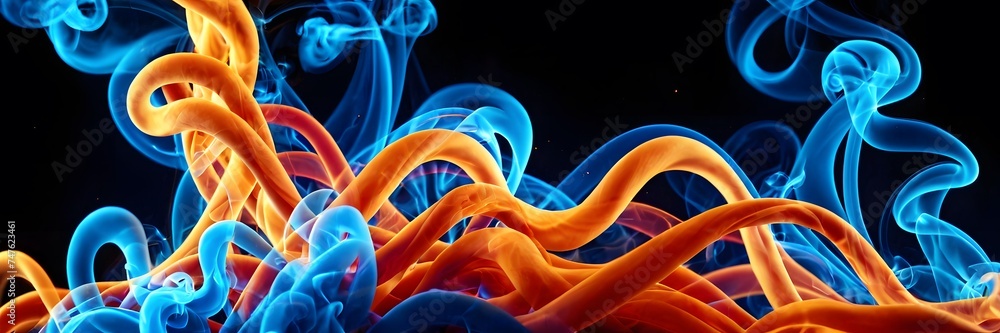 The image shows a beautiful fusion of blue and orange smoke, creating a vibrant contrast. The dynamic interaction symbolizes a blend of fire and water elements. - obrazy, fototapety, plakaty 