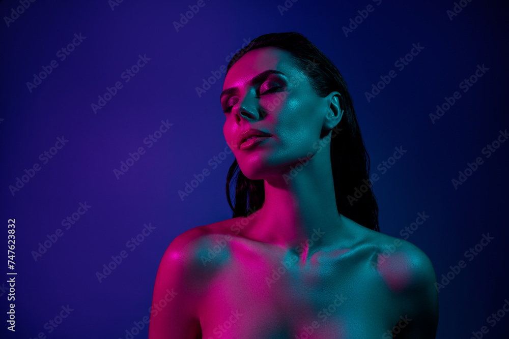 Photo of hot lady enjoy feel tempting over vivid background Photo of hot lady enjoy feel tempting over vivid background