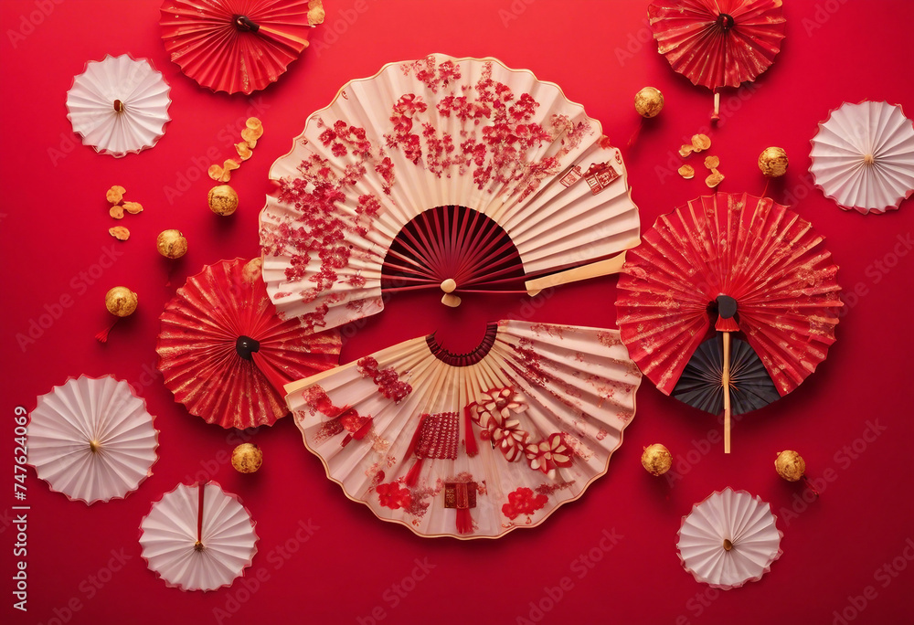Chinese new year festival or wedding decoration over red background Traditional lunar new year paper
