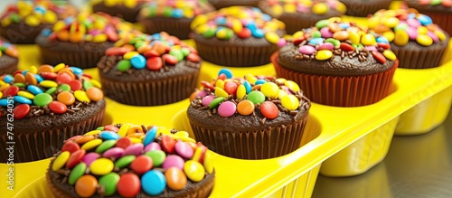 A yellow tray filled with delicious cupcakes topped with rich chocolate frosting and colorful sprinkles, ready to be enjoyed by dessert lovers.