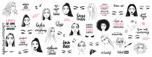 Women Portrait Beautiful Girls Vector Illustration. Lashes, mascara, Makeup Set with Eyes, Beauty Quotes Fashion Phrases