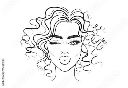 Beautiful Girl with Curly Hair Winks and Kiss. Vector Young Woman Illustration. Hand Drawn Face Portrait.