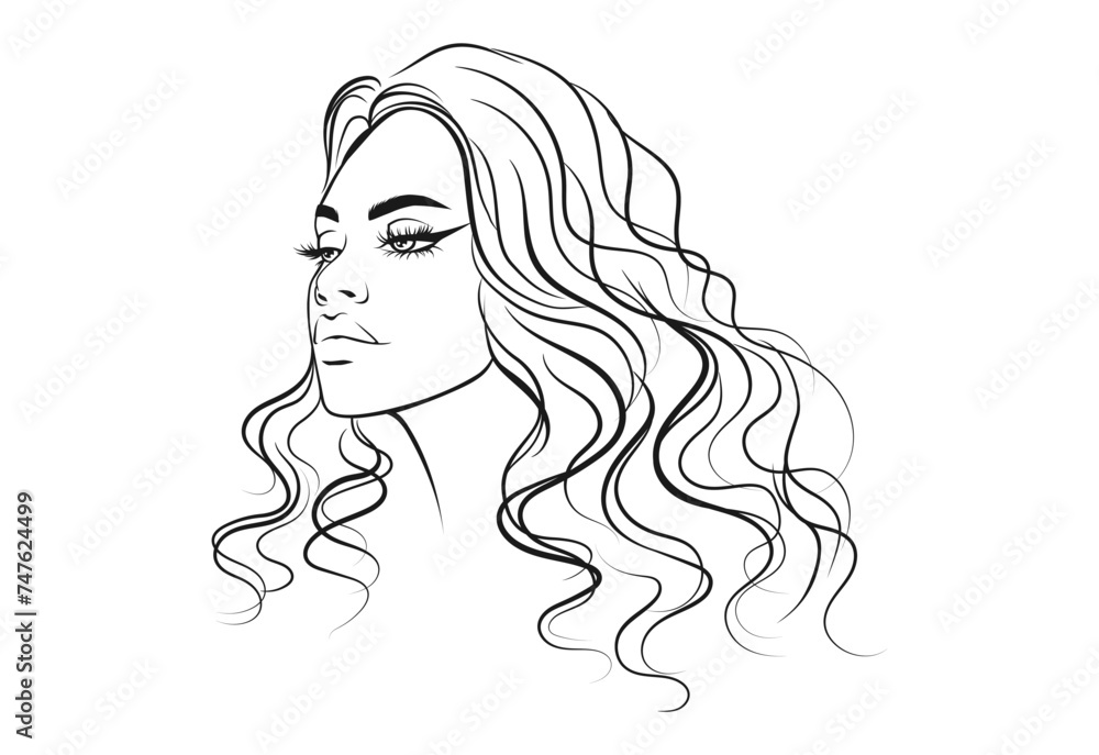 Woman Vector Illustration. Beautiful Girl with Long Wavy Curly Hair and Plump Lips Portrait. Woman Vector Illustration. Beautiful Girl with Long Wavy Curly Hair and Plump Lips Portrait.