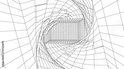 Futuristic damaged digital box, white-black background. Wireframe grid room, network connection technology. Style portal pattern. Vector illustration.