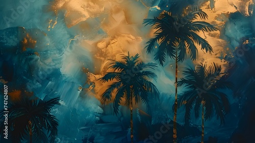 Golden and dark blue and teal palm trees painting . Great for wall art and home decor. 