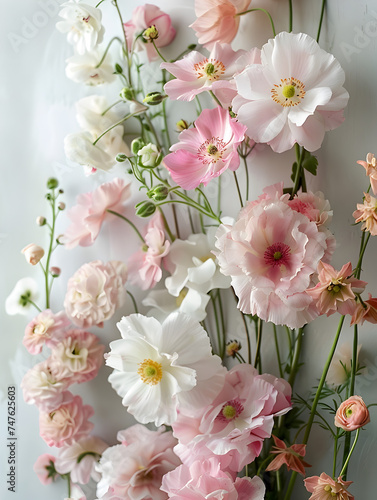 A lush collection of pink and white flowers artistically arranged on a bright white backdrop with beautiful lighting, pastel colors, aesthetic design © Jasmina