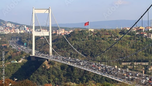 Fatih Sultan Mehmet Bridge in Istanbul, Turkey. Heavy traffic on the second (FSM) bridge
 photo