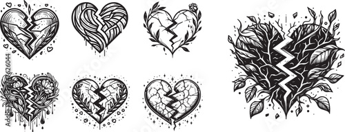 broken hearts set , black and white vector unrequited love, decorative graphics