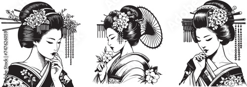 japanese geisha woman, beauty lady vector black and white set