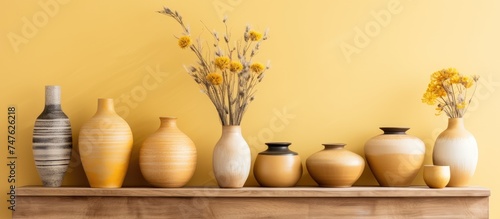 A collection of various vases and bowls in neutral colors are neatly arranged on a rough wooden shelf against a yellow background.