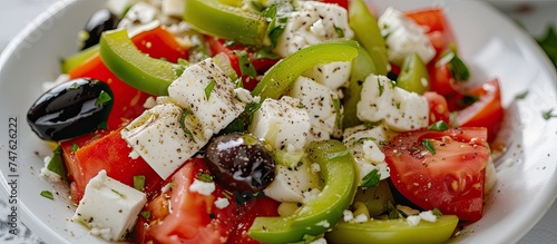 A complete and nutritious Greek salad featuring a blend of juicy tomatoes, crunchy cucumbers, savory olives, and creamy feta cheese - a perfect choice for a light and quick summer lunch.