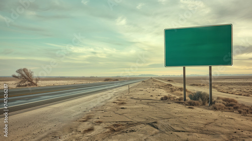 Blank green interstate road sign mockup beside a empty two way highway in desert with blue sky background with empty copy space for text photo