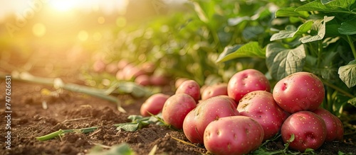 A group of red potatoes, freshly harvested and organic, sitting in the middle of a rural field.