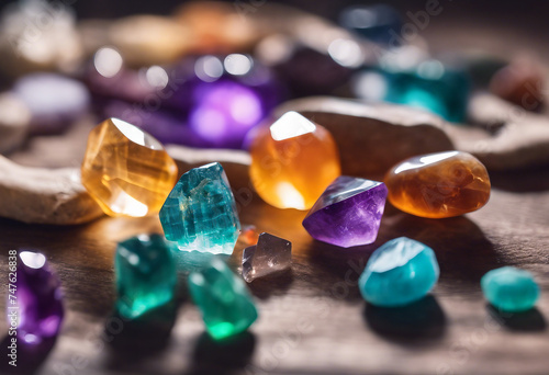 Healing reiki chakra crystals Gemstones for wellbeing destress meditation relaxation photo