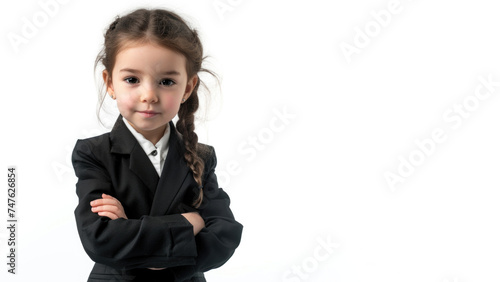 a studio portrait picture of little girl dressed up as a businesswoman in suit isolated on white background