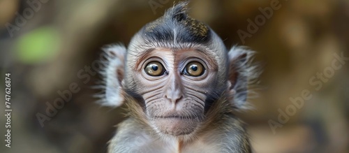 This close-up photo captures the surprised expression on the face of a playful monkey in East Java.