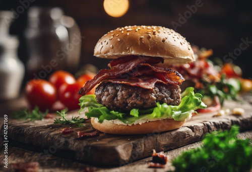 Homemade beef burger with crispy bacon and vegetables on rustic serving board