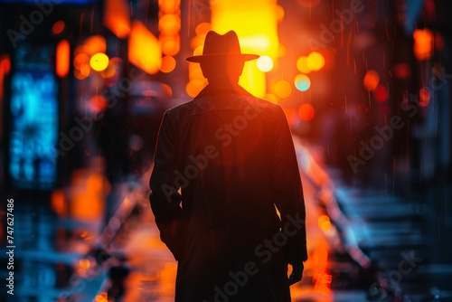 Silhouetted detective figure wearing a fedora hat, standing against a backdrop of vibrant city lights and rain