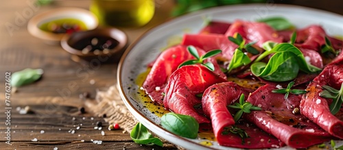 This photo depicts a close-up view of a plate featuring a delicious serving of roast beef carpaccio.