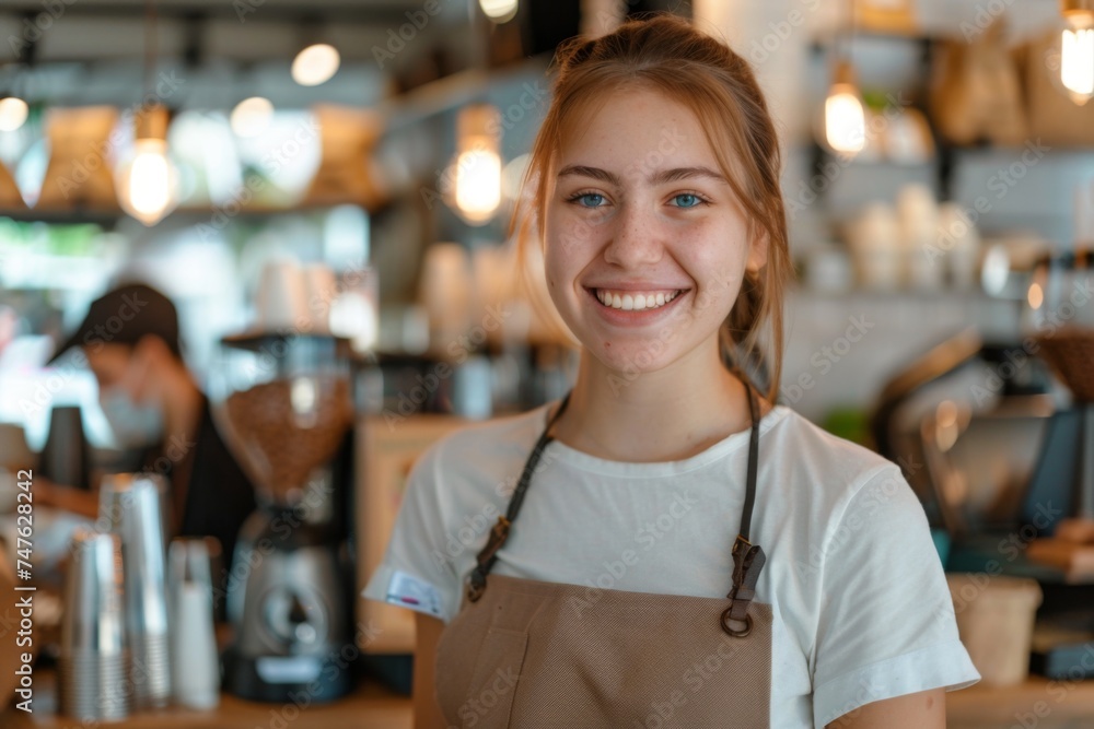 Smiling Barista Wearing an Apron in a Cozy Coffee Shop During Daytime