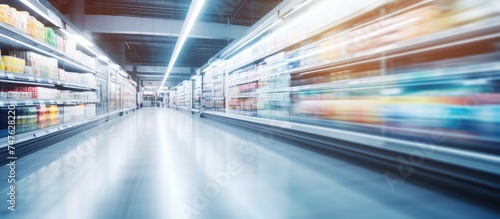 The blurry image captures the interior of a busy grocery store aisle, showcasing shelves filled with various products. Customers can be seen browsing and pushing shopping carts,