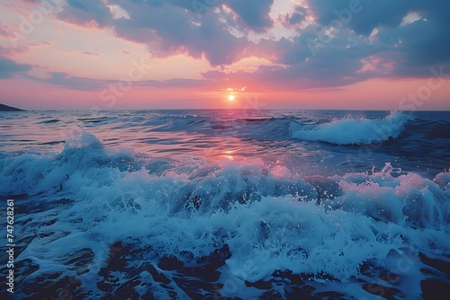 Beach sunset with strong waves and a mysterious atmosphere
