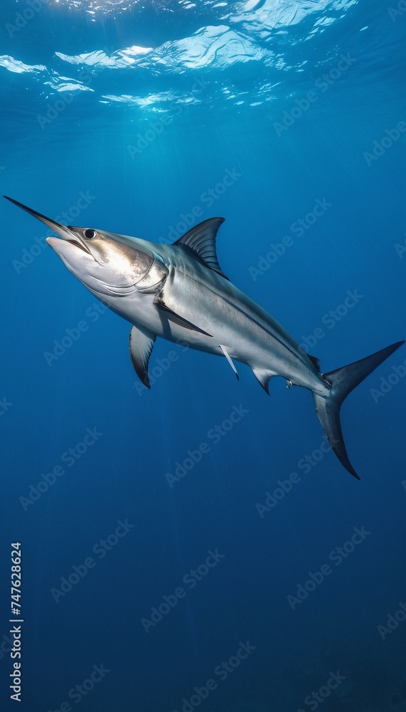 Fototapeta premium Summer composition. Swordfish swimming in the clear waters of the ocean. Vertical format. Concept for design, poster, fishing, recreation related to the sea or ocean.