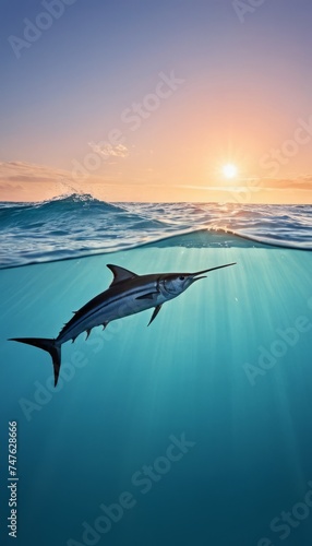 Summer composition. Swordfish swimming in the clear waters of the ocean. Side view, concept for design, poster, fishing, recreation related to the sea or ocean.