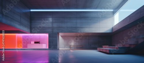 The room features a red and orange box set against a backdrop of abstract architectural concrete walls. The color gradient neon lighting enhances the modern minimalist design of the space.