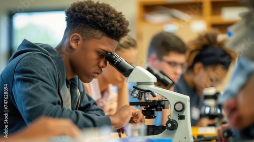 Group of college students performing experiment using microscope in science lab. University focused student looking through microscope in biology class photo