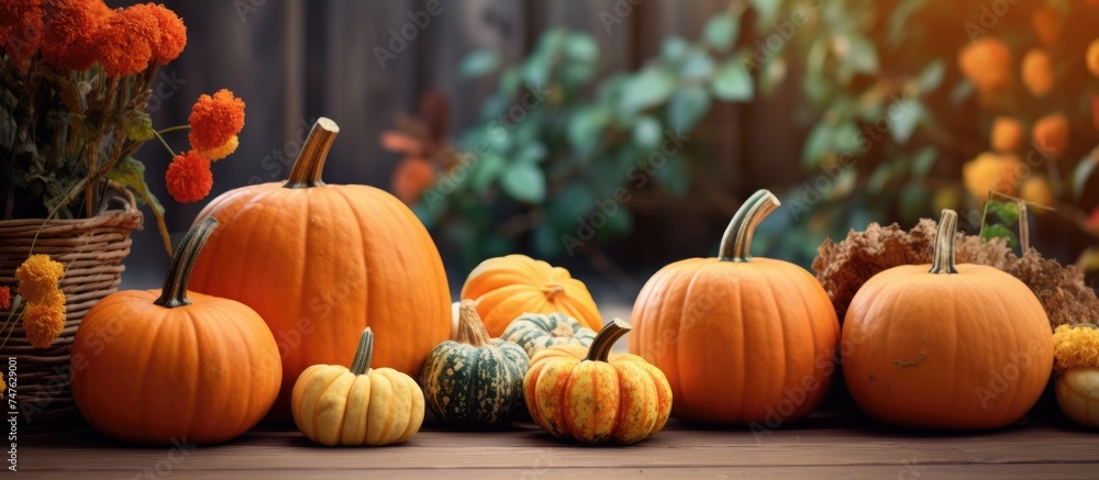A collection of pumpkins of various sizes and shapes arranged neatly on a rustic wooden table. The pumpkins showcase autumn colors and textures, creating a cozy and seasonal still life setting. A collection of pumpkins of various sizes and shapes arranged neatly on a rustic wooden table. The pumpkins showcase autumn colors and textures, creating a cozy and seasonal still life setting.