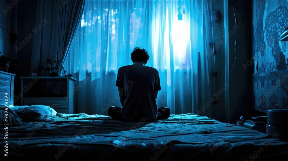 Lonely man silhouette sitting on the bed feeling depressed and stressed in the dark bedroom, Depression and anxiety disorder concept Lonely man silhouette sitting on the bed feeling depressed and stressed in the dark bedroom, Depression and anxiety disorder concept